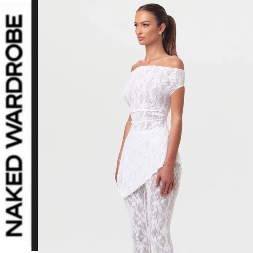 Naked Wardrobe 🤍 White Off-Shoulder Lace peplum off the shoulder top